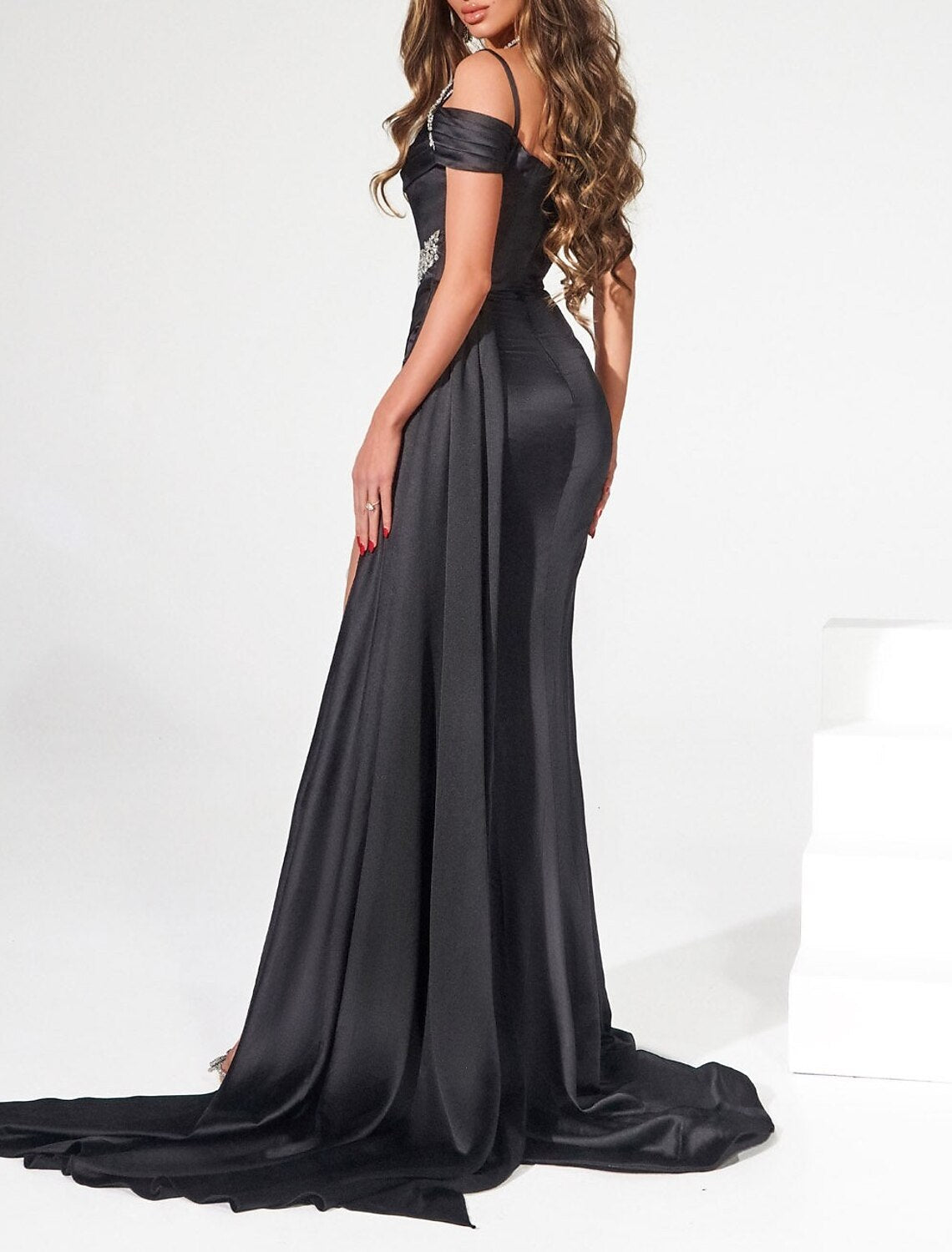 Mermaid Off-Shoulder Satin Sleeveless High Slit Evening Gown - Chloe Dress
