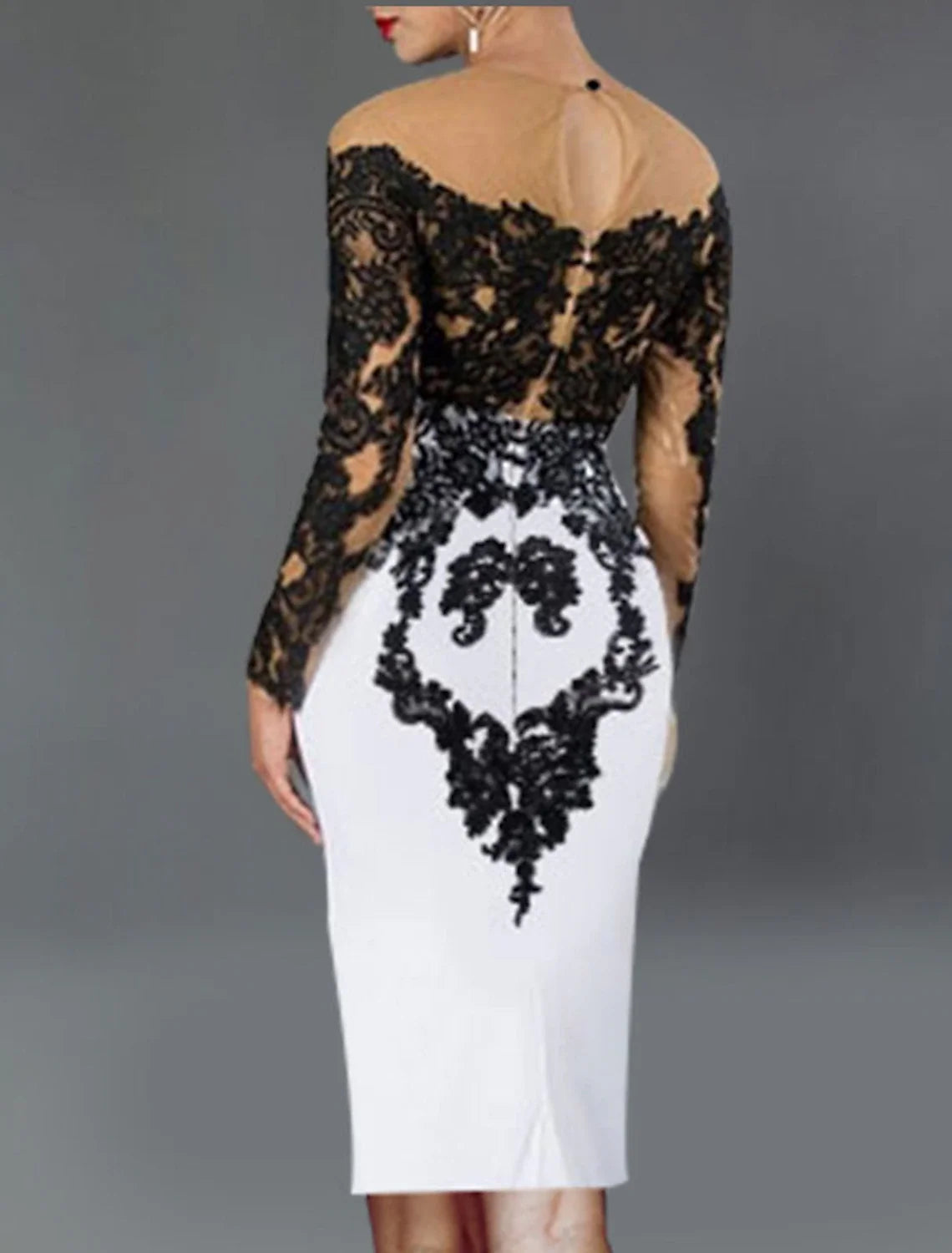 Black Sheath Off-Shoulder Long Sleeve Applique Tea-Length Wedding Dress - Chloe Dress
