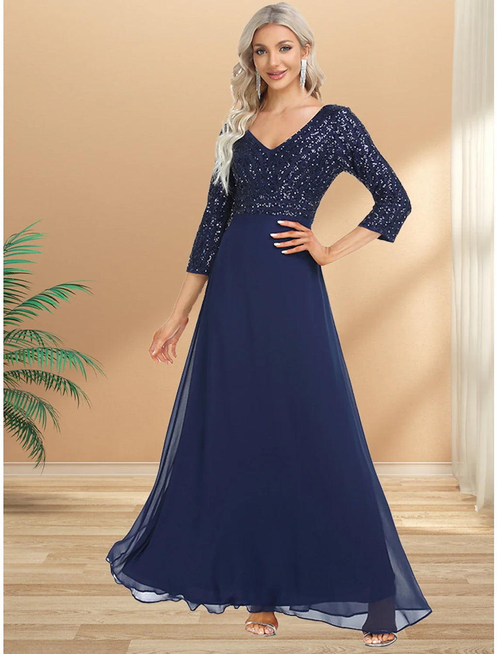 Black A-Line V-Neck Chiffon Three-Quarter Sleeve Floor-Length Evening Gown - Chloe Dress