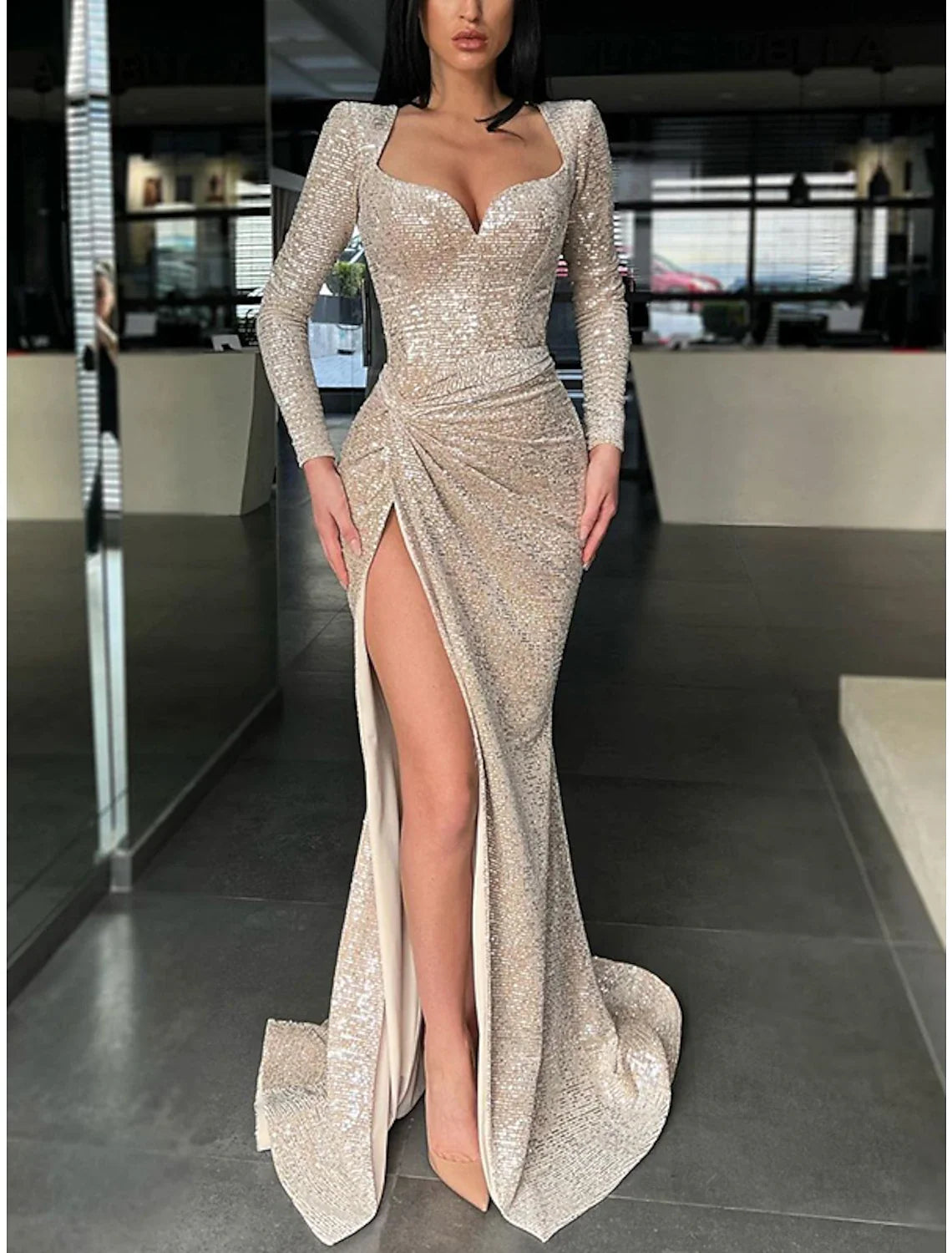 Sheath Sweetheart Sequin Long Sleeve High Slit Floor-Length Evening Gown - Chloe Dress