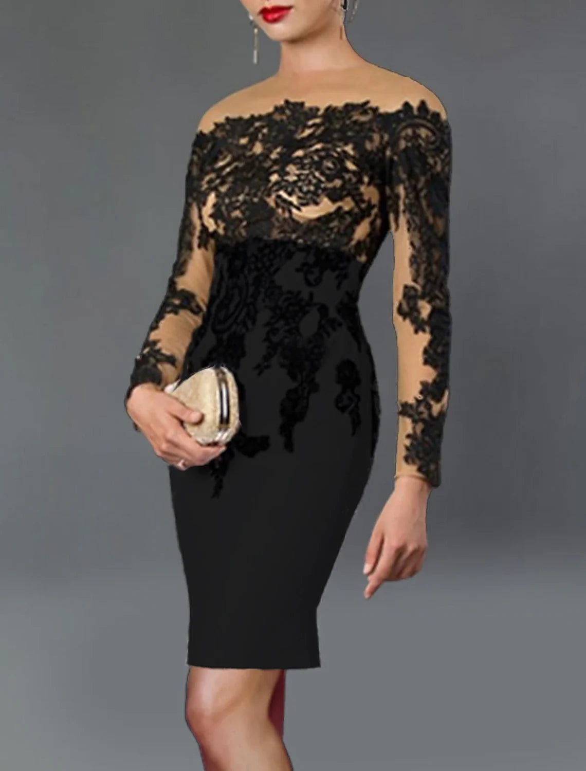 Black Sheath Off-Shoulder Crepe Long Sleeve Applique Tea-Length Wedding Dress - Chloe Dress