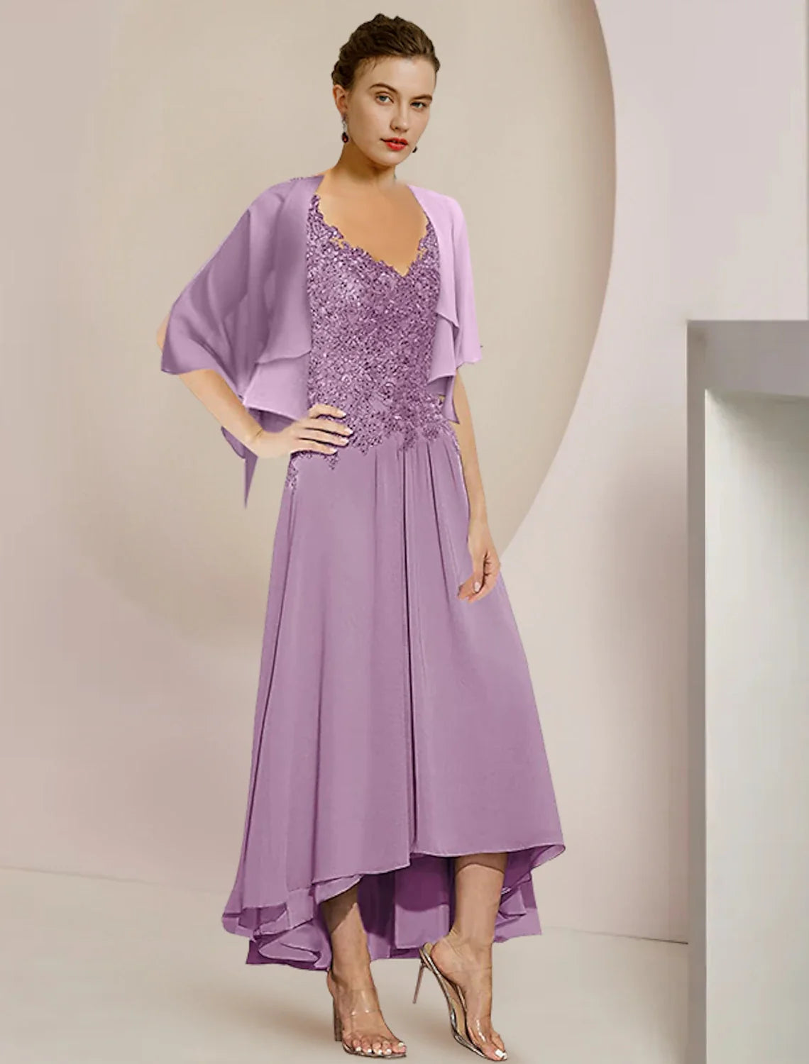 A-Line V-Neck Chiffon Three-Quarter Sleeve Wrap Tea-Length Wedding Dress - Chloe Dress