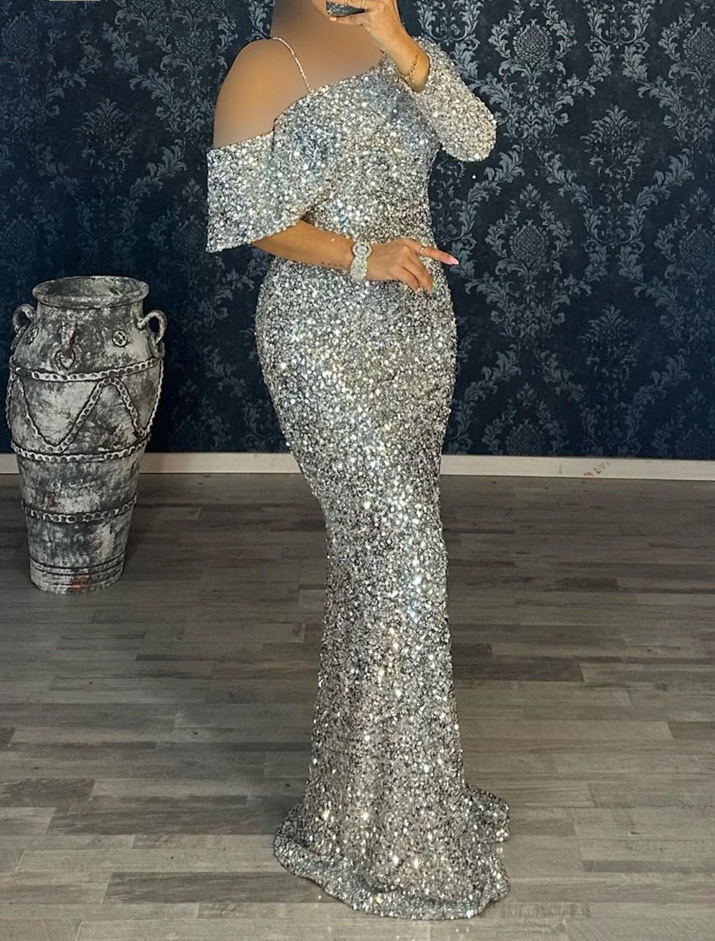 Green Mermaid One-Shoulder Sequin Long Sleeve Train Evening Gown - Chloe Dress