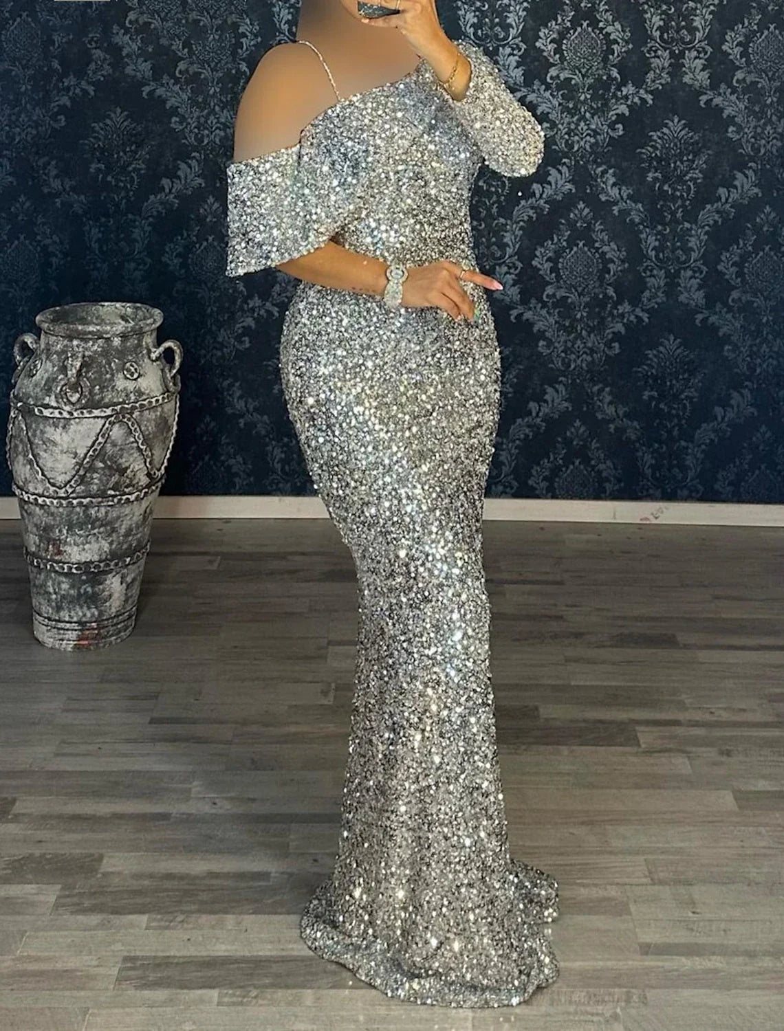 Green Mermaid One-Shoulder Sequin Long Sleeve Train Evening Gown - Chloe Dress