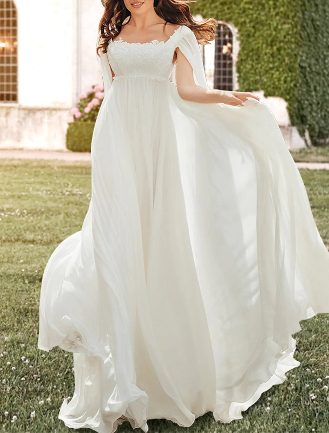 A-Line Square Neck Chiffon Sleeveless Pleated Wedding Gown - Chloe Dress