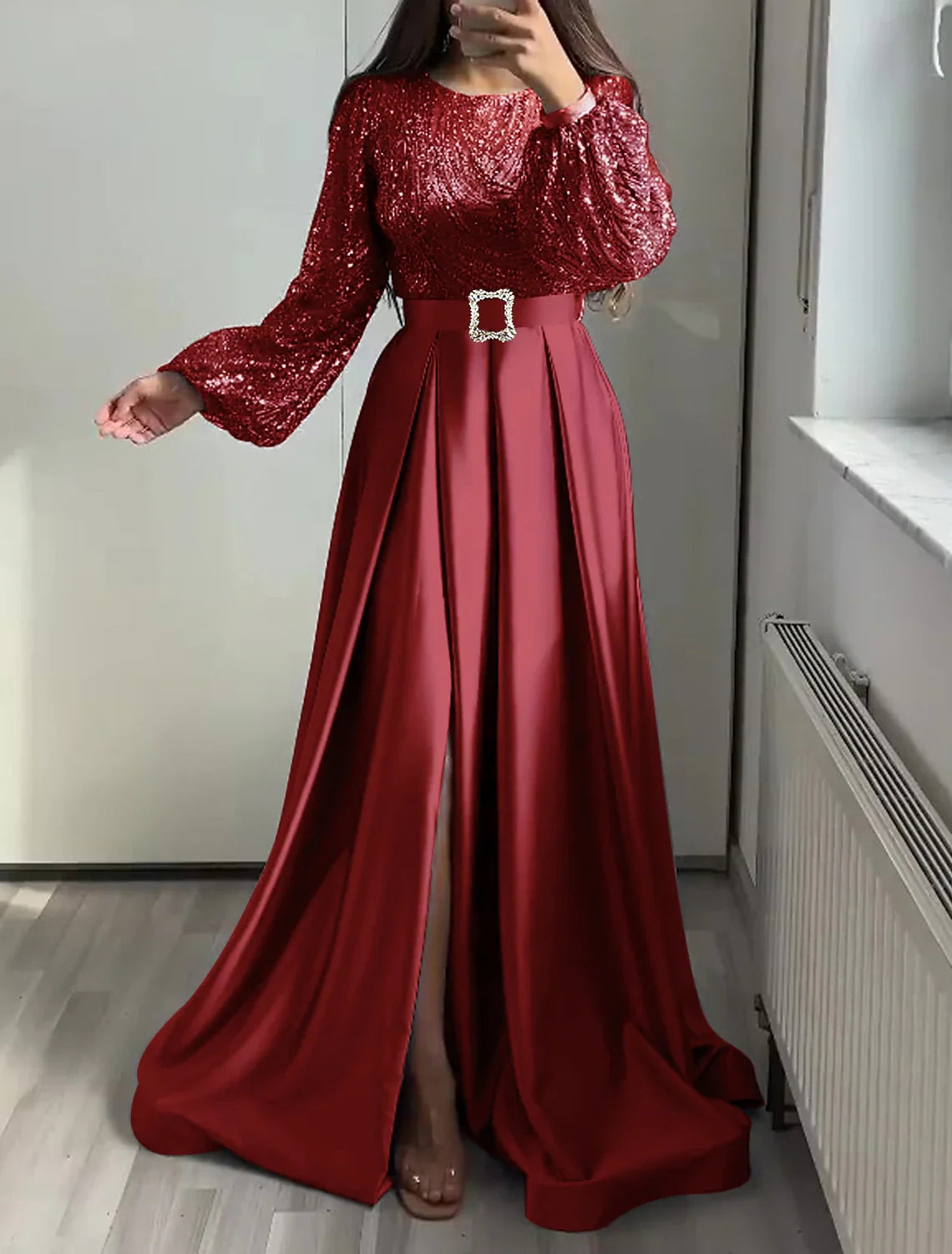 Black A-Line Satin Long Sleeve Floor-Length Evening Gown - Chloe Dress