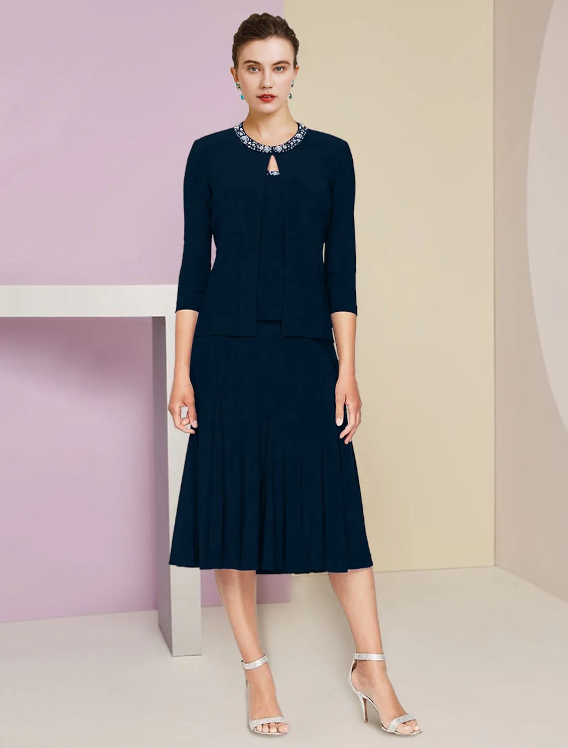 A-Line Three-Quarter Sleeve Pleated Knee-Length Wedding Dress - Chloe Dress
