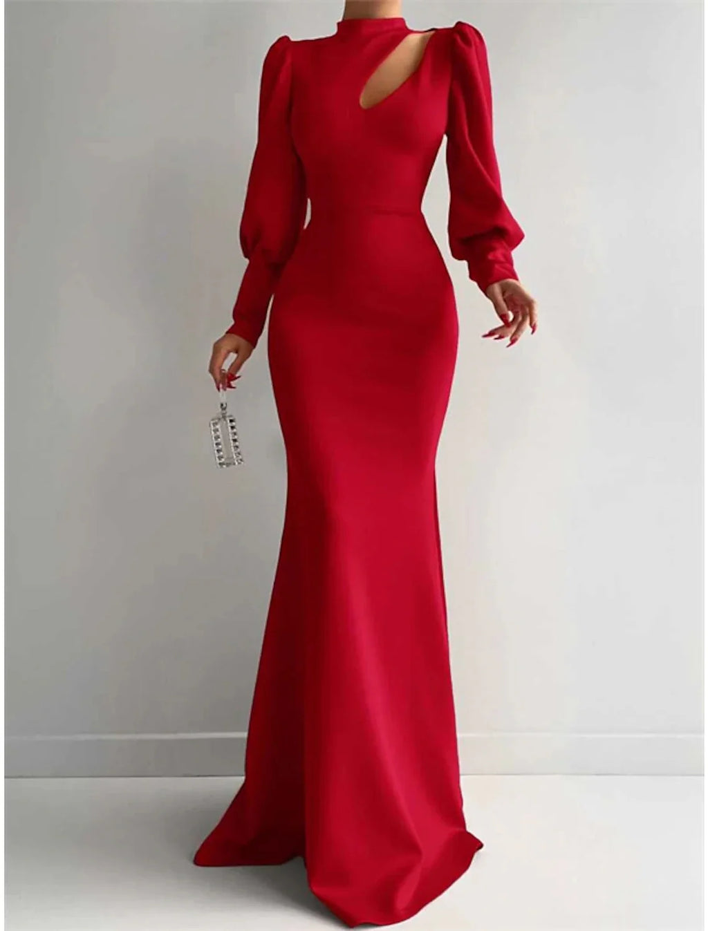 Green Mermaid High Neck Satin Long Sleeve Train Evening Gown - Chloe Dress