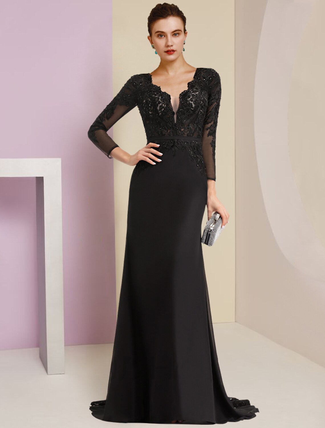 Sheath V-Neck Chiffon Long Sleeve Train Wedding Dress - Chloe Dress