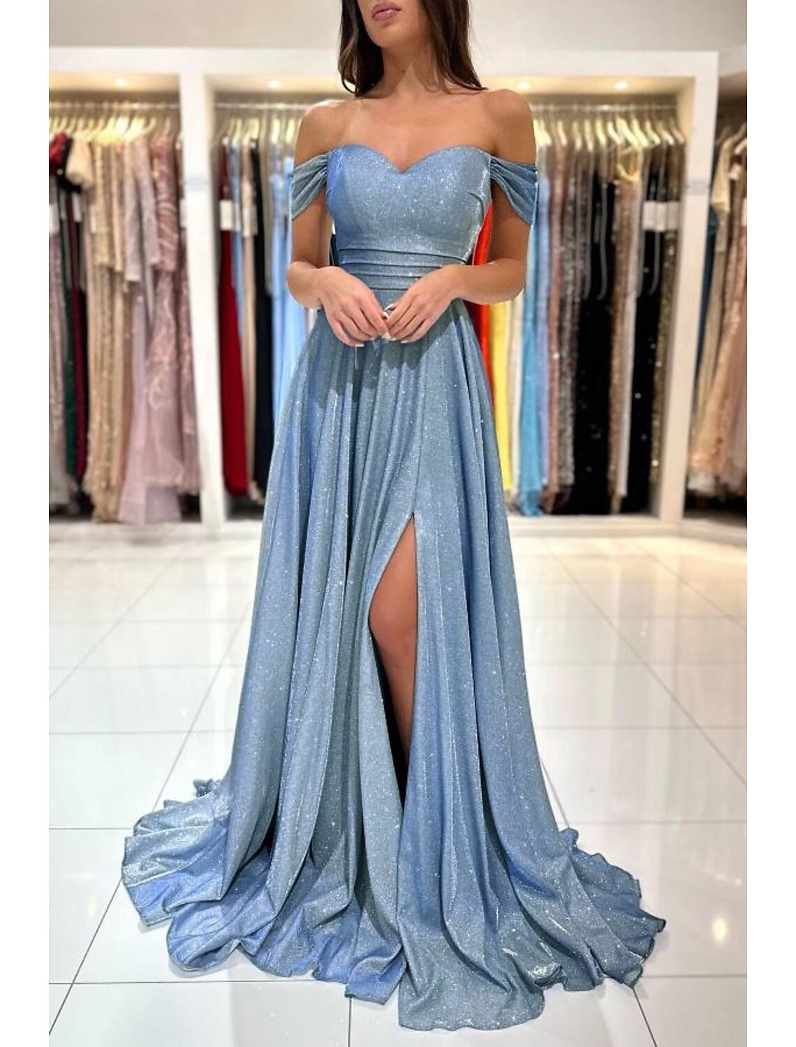 A-Line Off-Shoulder Sequin Sleeveless High Slit Evening Gown - Chloe Dress