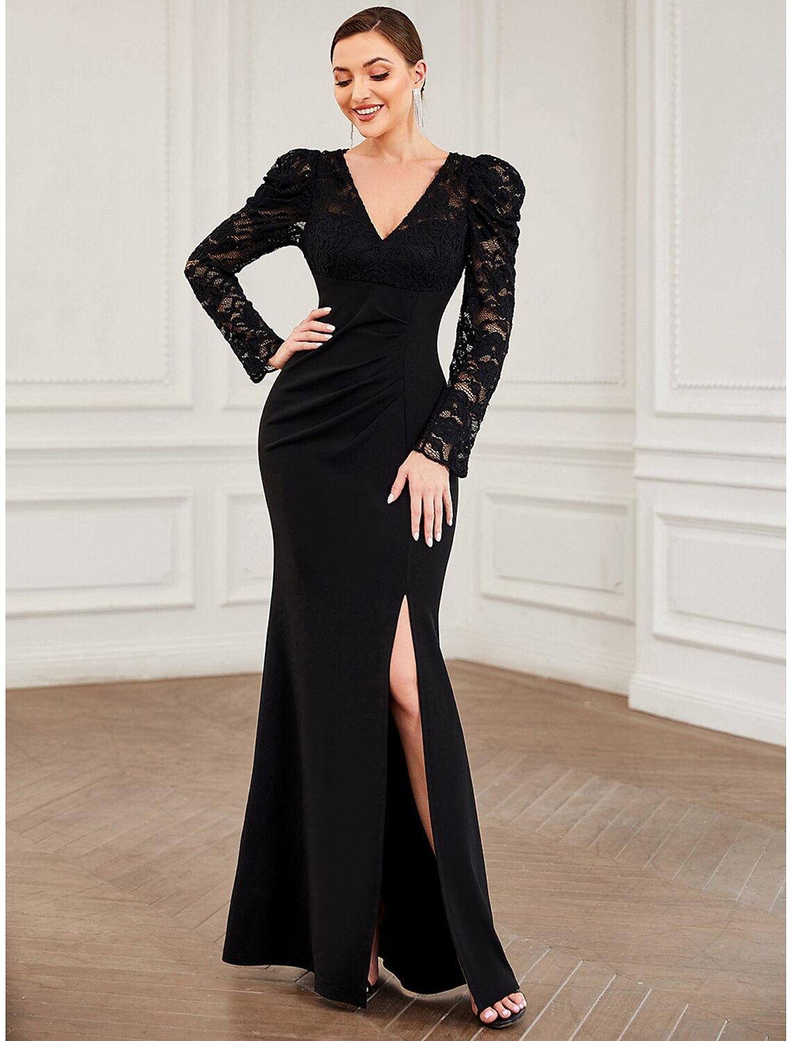 A-Line V-Neck Lace Long Sleeve Floor-Length Evening Gown - Chloe Dress
