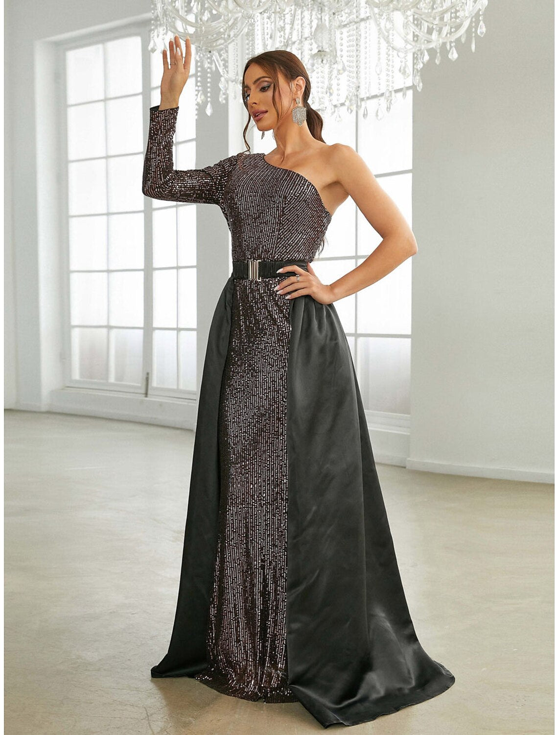 A-Line One-Shoulder Sequin Long Sleeve Pleated Evening Gown - Chloe Dress