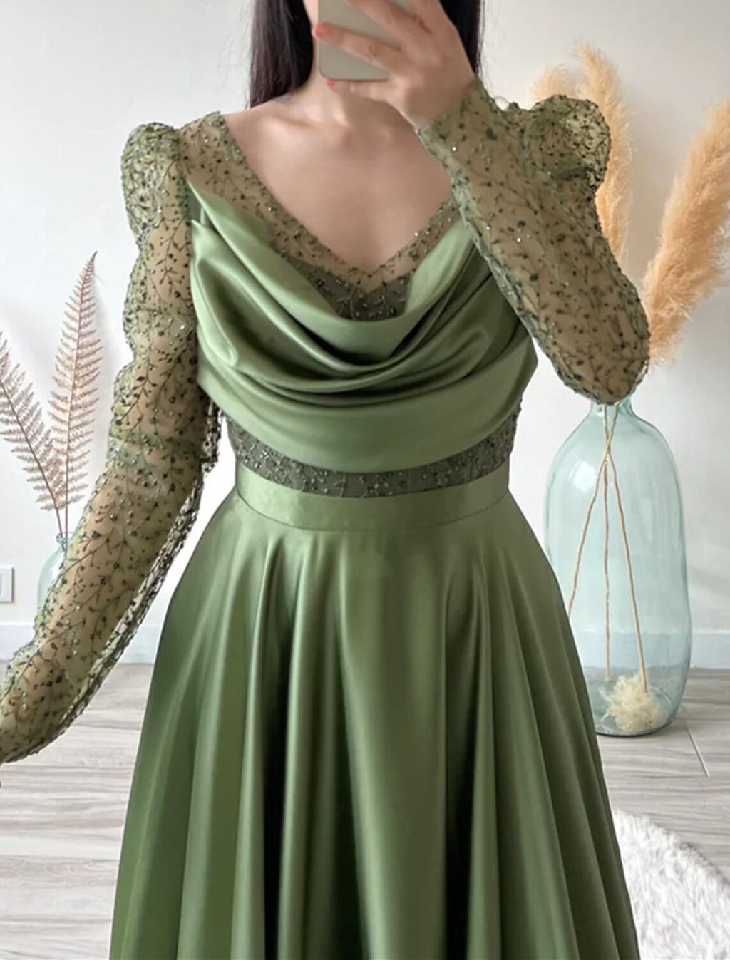 Green Ball Gown V-Neck Long Sleeve Train Evening Gown - Chloe Dress