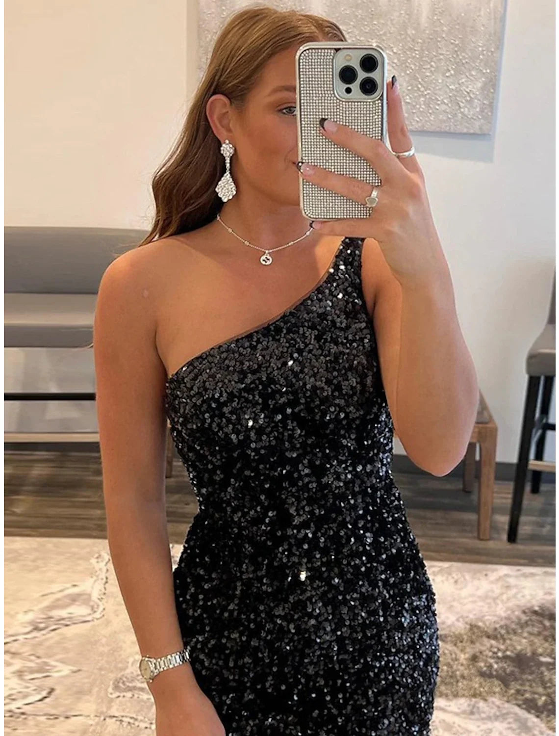 Black Mermaid One-Shoulder Sequin Sleeveless Mini Cocktail Dress - Chloe Dress