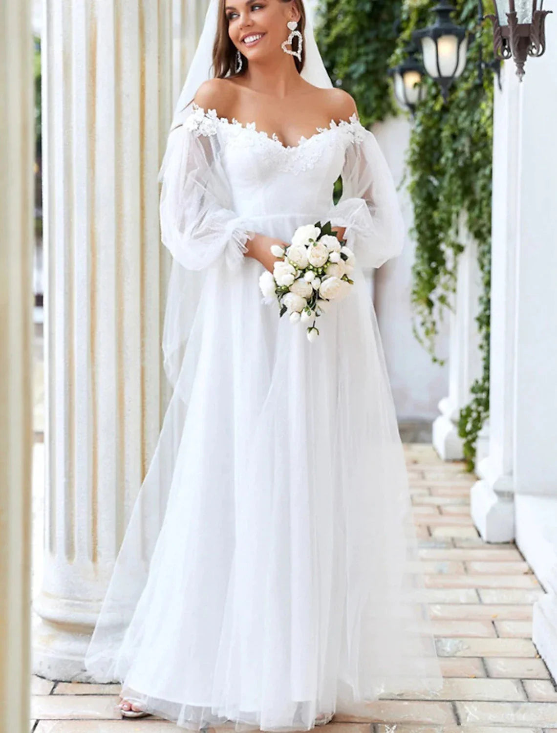 A-Line Off-Shoulder Tulle Long Sleeve Applique Floor-Length Wedding Gown - Chloe Dress