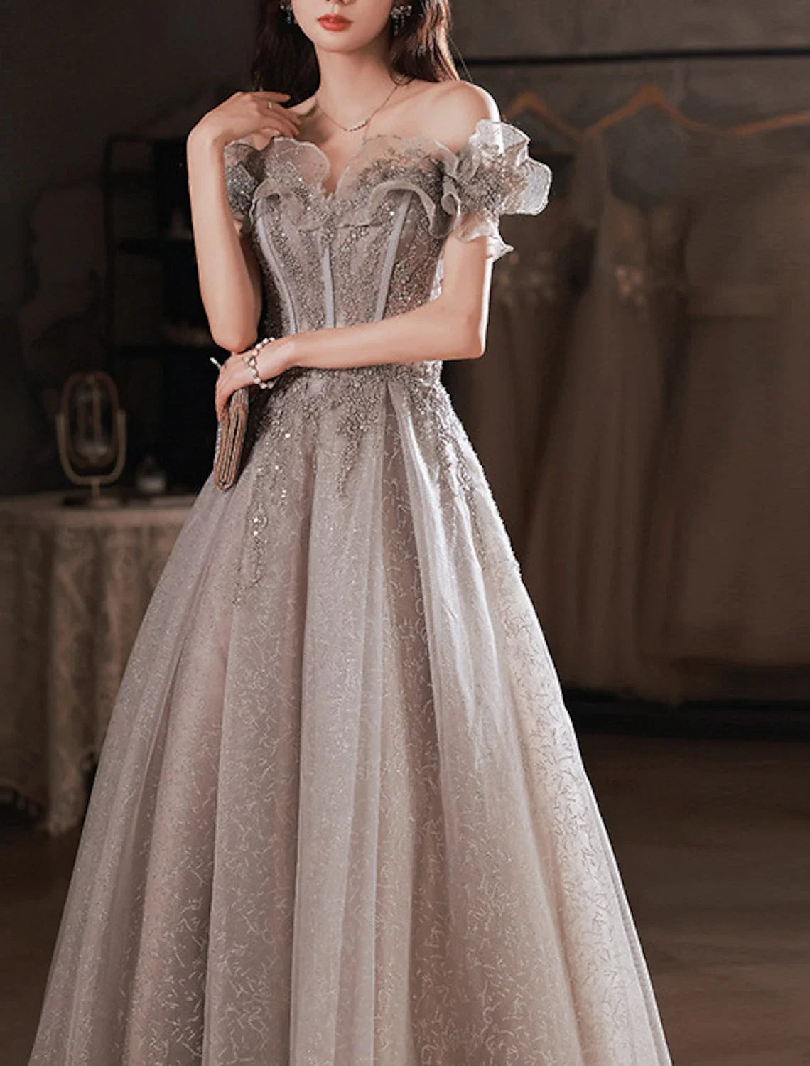 A-Line Off-Shoulder Sequin Short Sleeve Ruffled Floor-Length Prom Dress - Chloe Dress