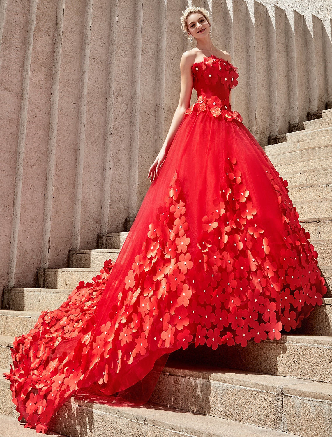 Ball Gown Strapless Lace Open Back Train Wedding Gown - Chloe Dress