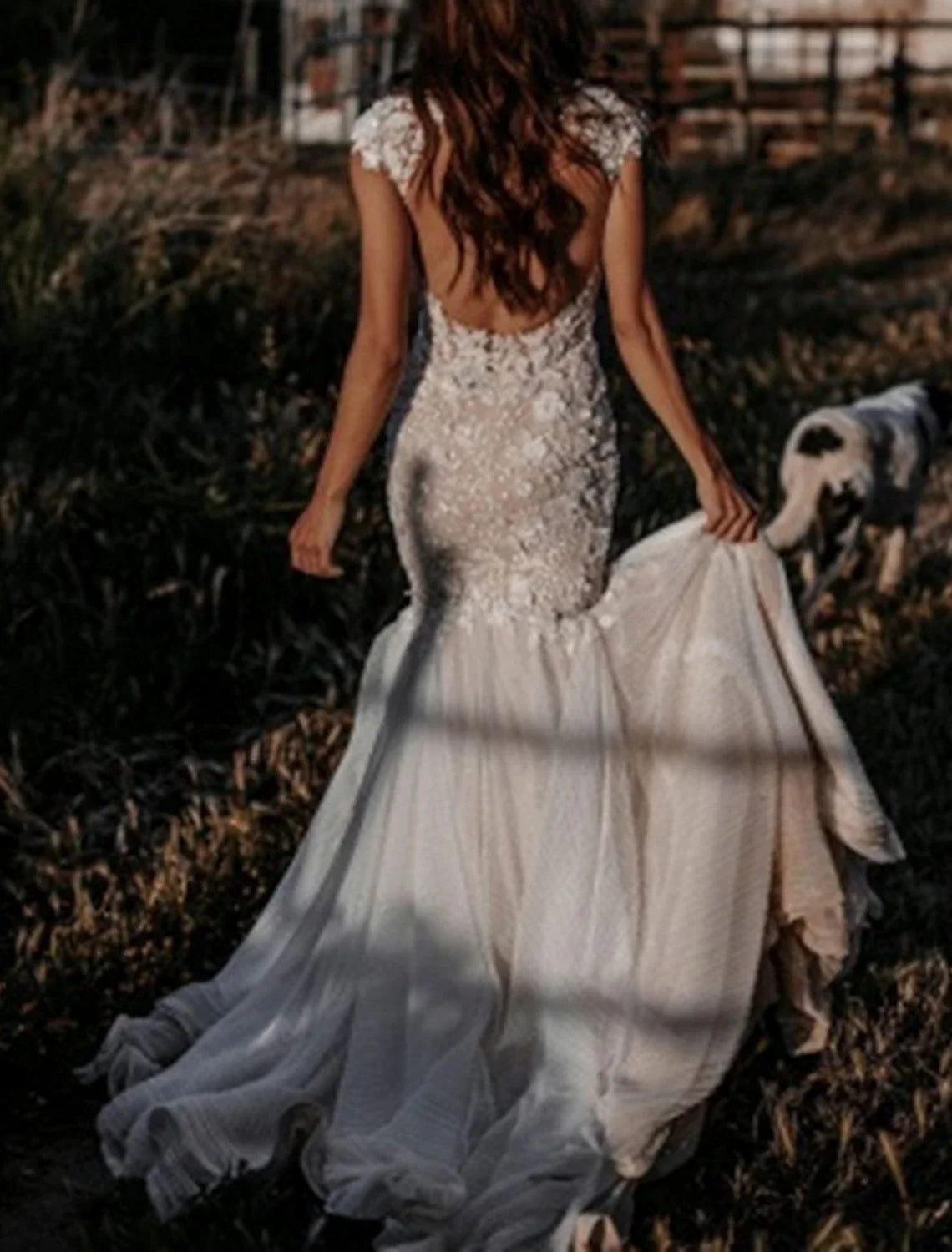 Mermaid V-Neck Lace Cap Sleeve Train Wedding Gown - Chloe Dress