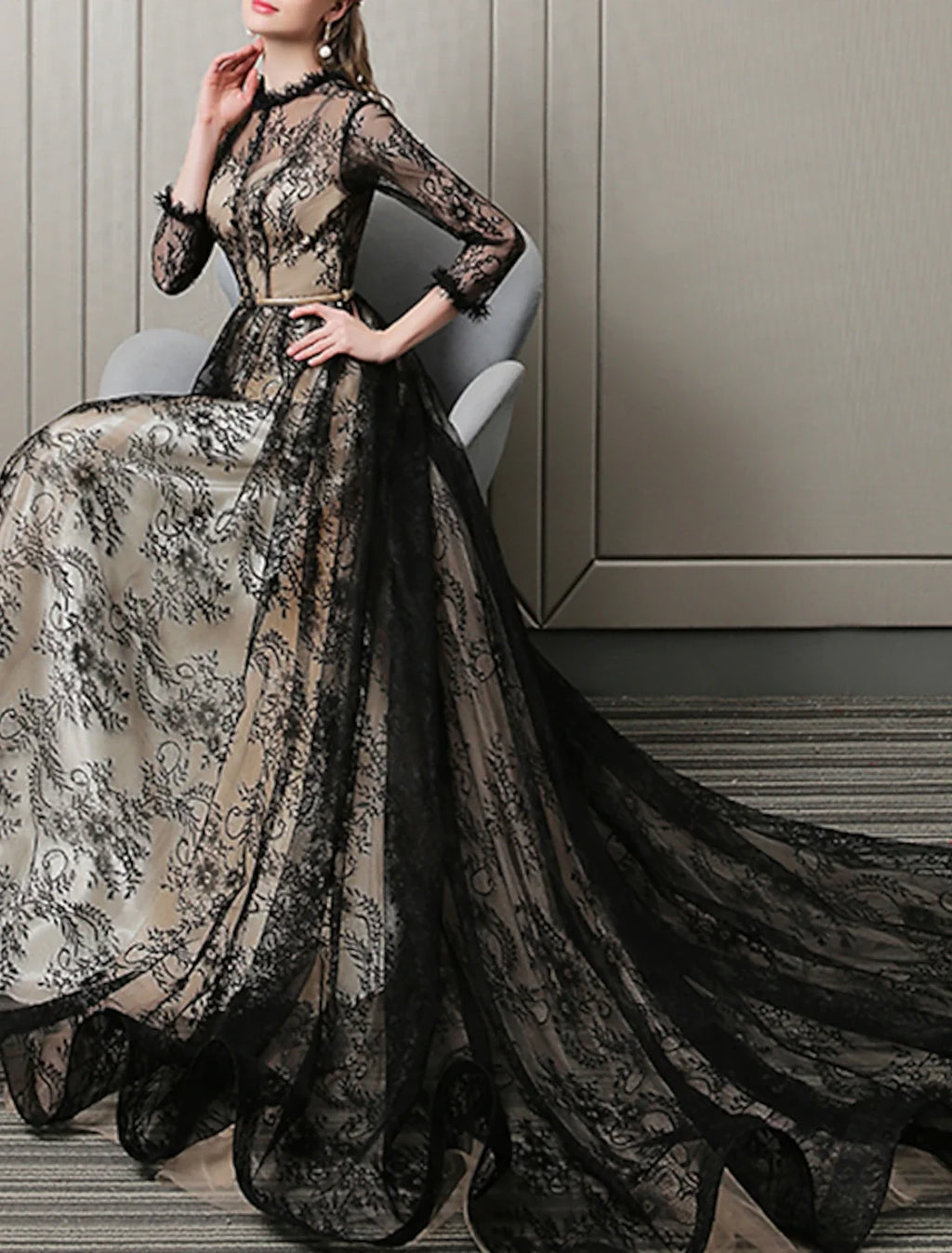 A-Line Lace Three-Quarter Sleeve Train Evening Gown - Chloe Dress