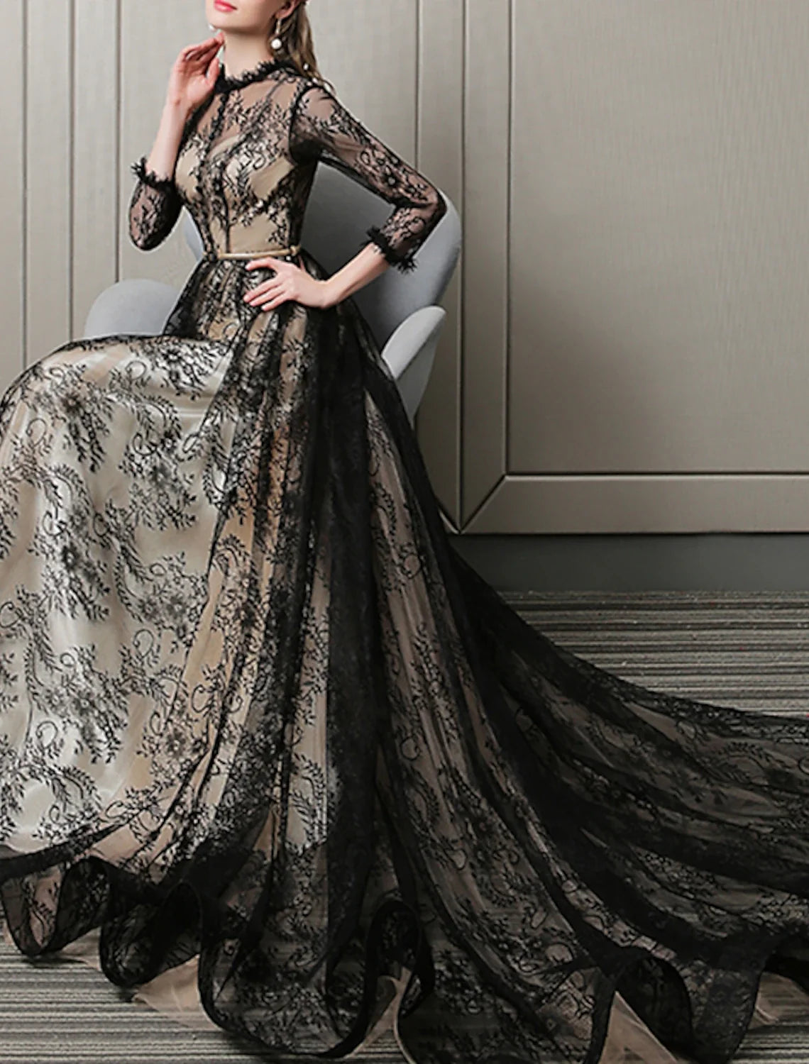 A-Line Lace Three-Quarter Sleeve Train Evening Gown - Chloe Dress