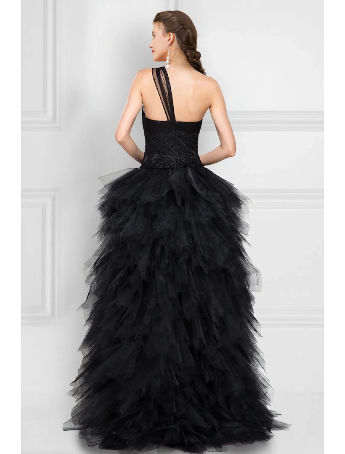 Black Ball Gown One-Shoulder Tulle Sleeveless Tiered Prom Gown - Chloe Dress