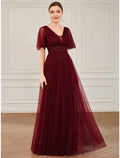 A-Line V-Neck Tulle Short Sleeve Ruffled Floor-Length Wedding Dress - Chloe Dress