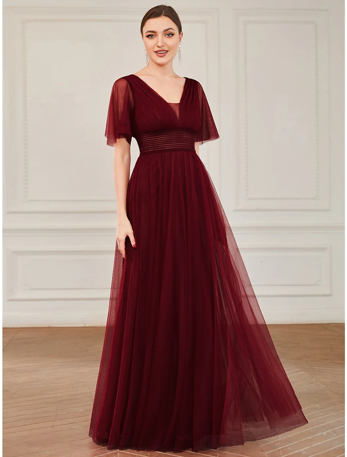 A-Line V-Neck Tulle Short Sleeve Ruffled Floor-Length Wedding Dress - Chloe Dress