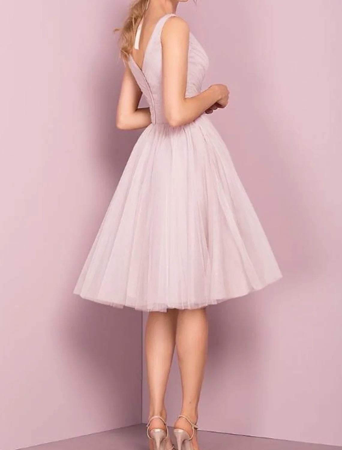 A-Line V-Neck Tulle Sleeveless Pleated Knee-Length Wedding Dress - Chloe Dress