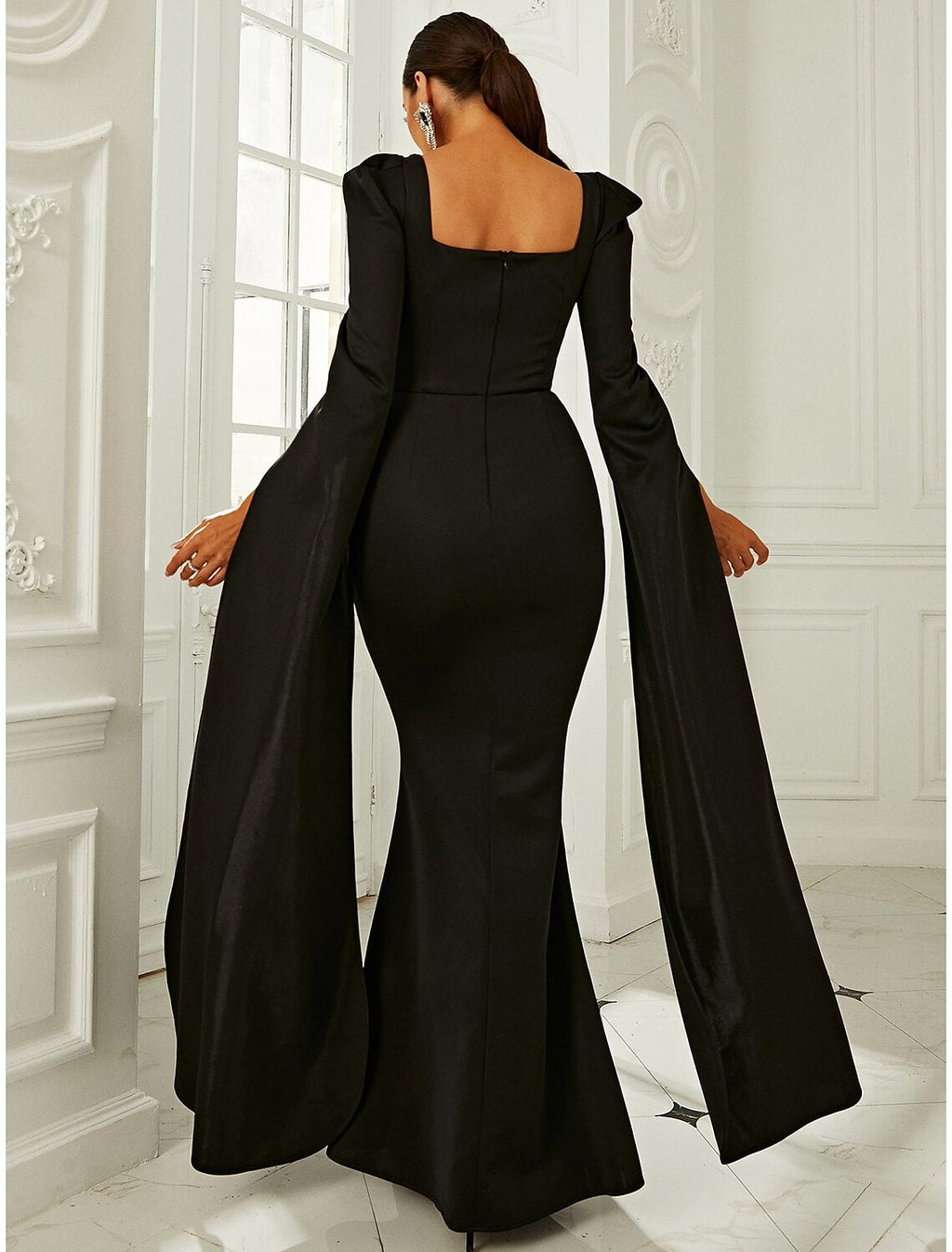 Sheath Square Neck Long Sleeve Pleated Floor-Length Evening Gown - Chloe Dress