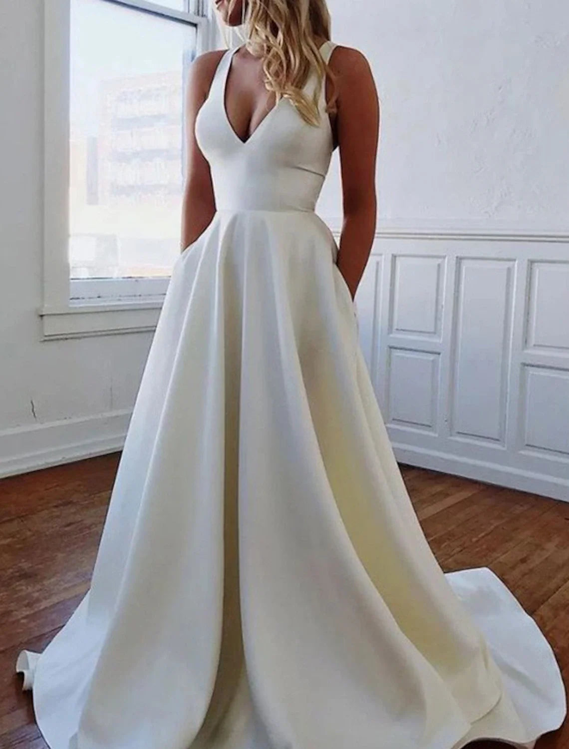 A-Line V-Neck Satin Sleeveless Train Wedding Gown - Chloe Dress