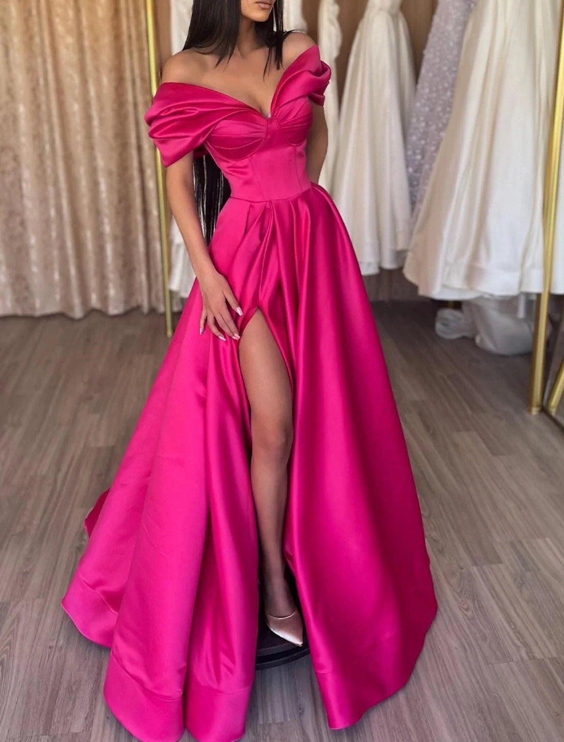 A-Line Off-Shoulder Satin Short Sleeve High Slit Floor-Length Evening Gown - Chloe Dress