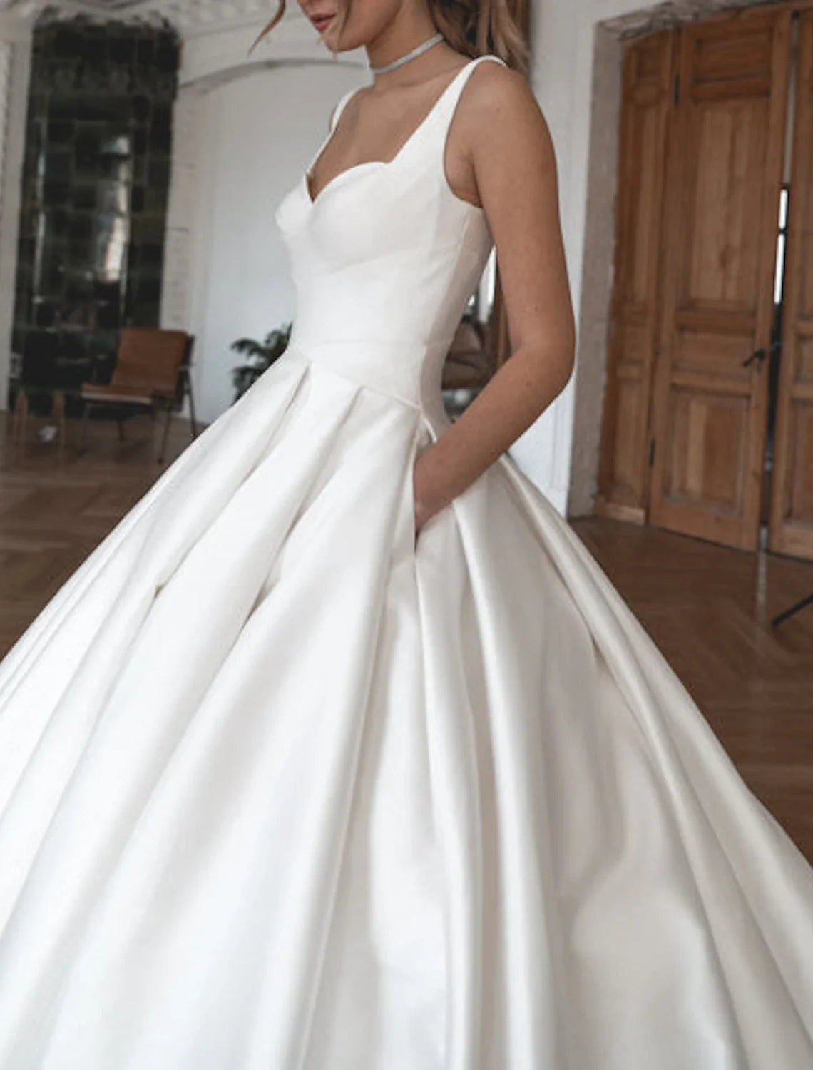 Ball Gown Square Neck Satin Sleeveless Train Wedding Gown - Chloe Dress