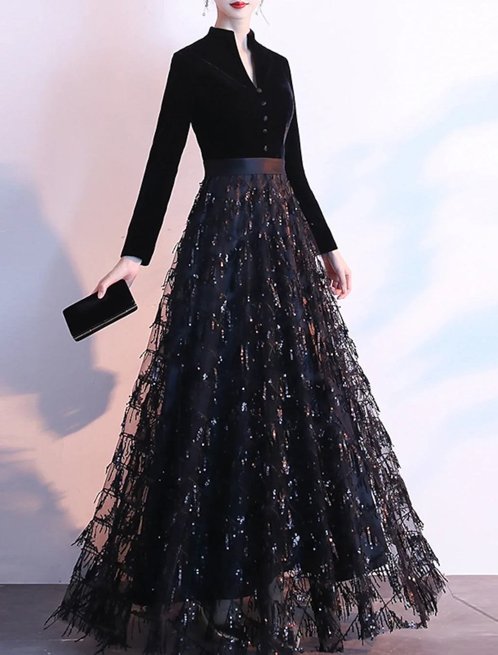 A-Line Sequin Long Sleeve Floor-Length Evening Dress - Chloe Dress