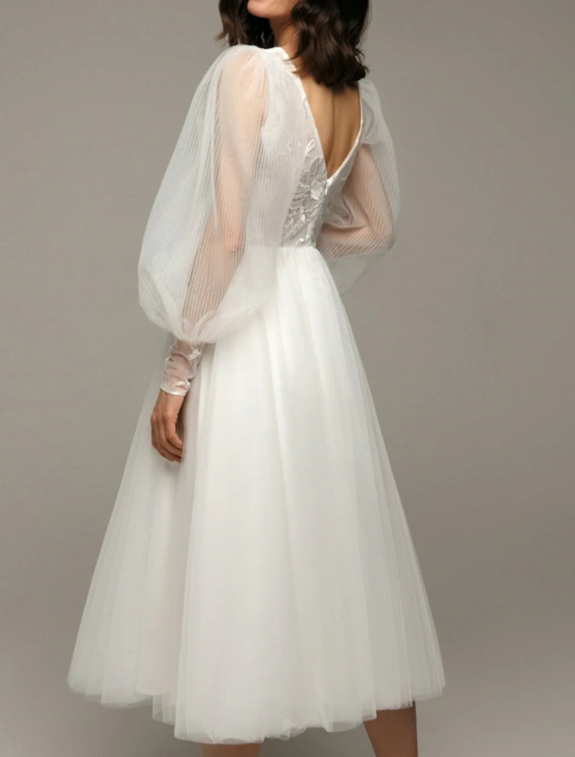 White A-Line V-Neck Satin Long Sleeve Applique Tea-Length Wedding Gown - Chloe Dress