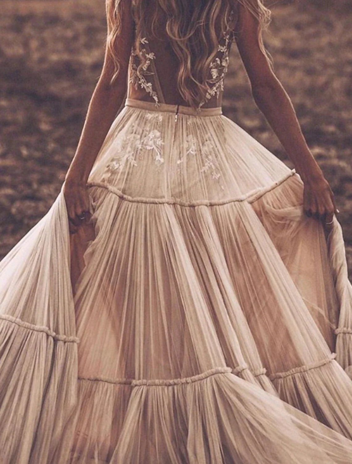 A-Line V-Neck Tulle Sleeveless Applique Floor-Length Wedding Gown - Chloe Dress