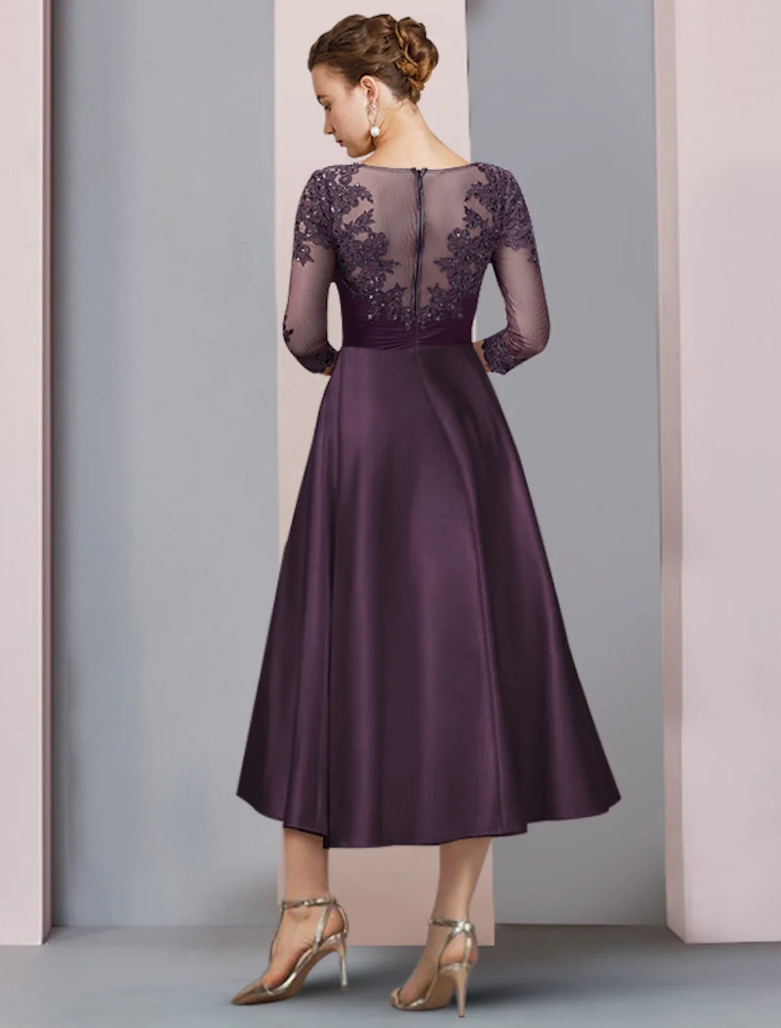 A-Line Satin Applique Tea-Length Wedding Dress - Chloe Dress