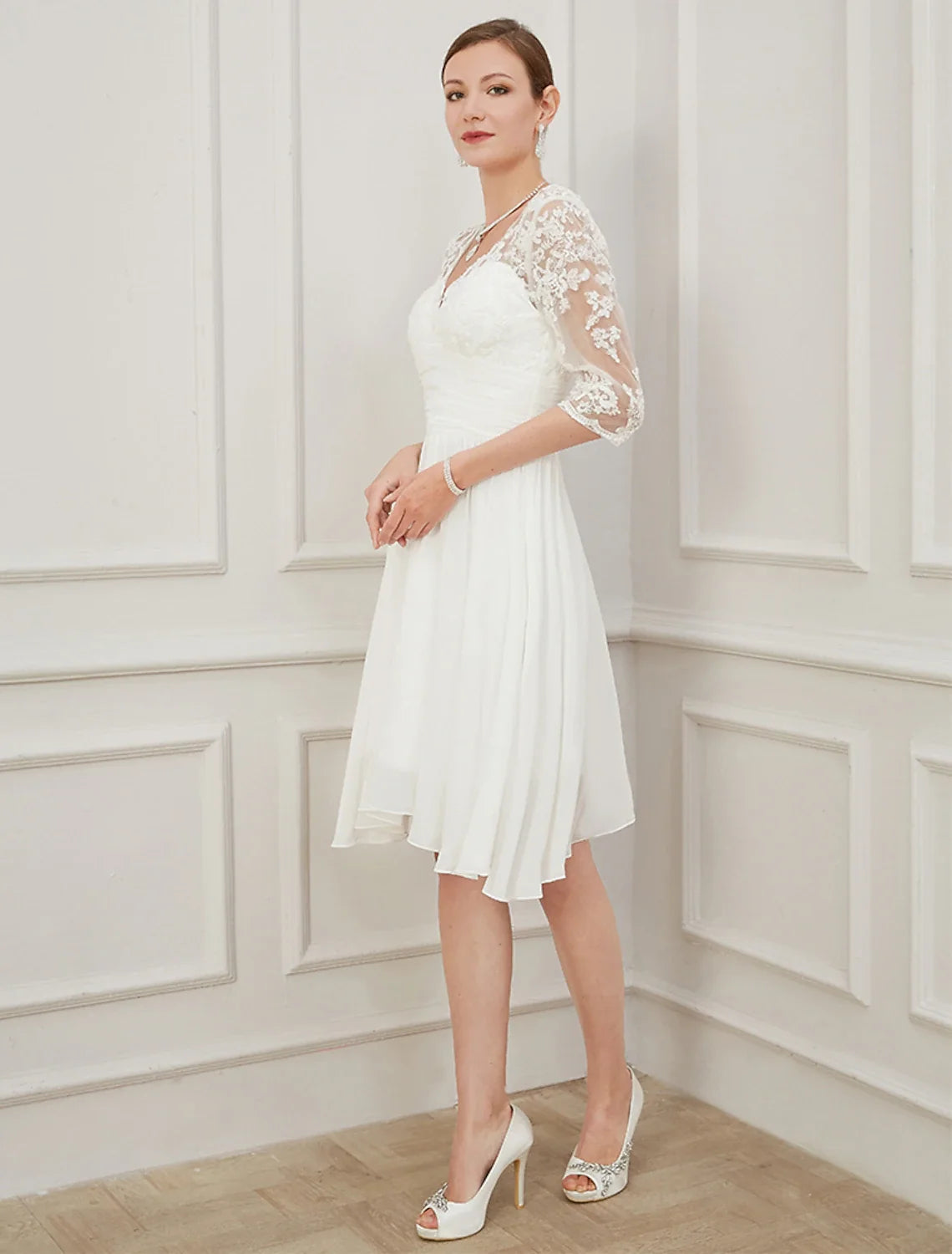 White A-Line V-Neck Chiffon Applique Knee-Length Wedding Gown - Chloe Dress