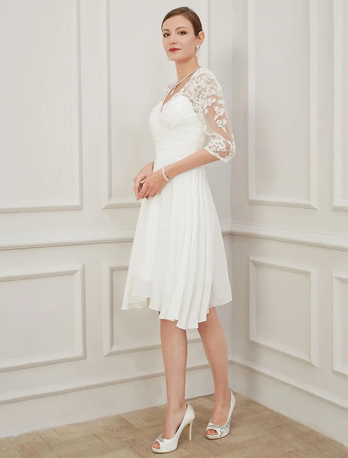 White A-Line V-Neck Chiffon Applique Knee-Length Wedding Gown - Chloe Dress
