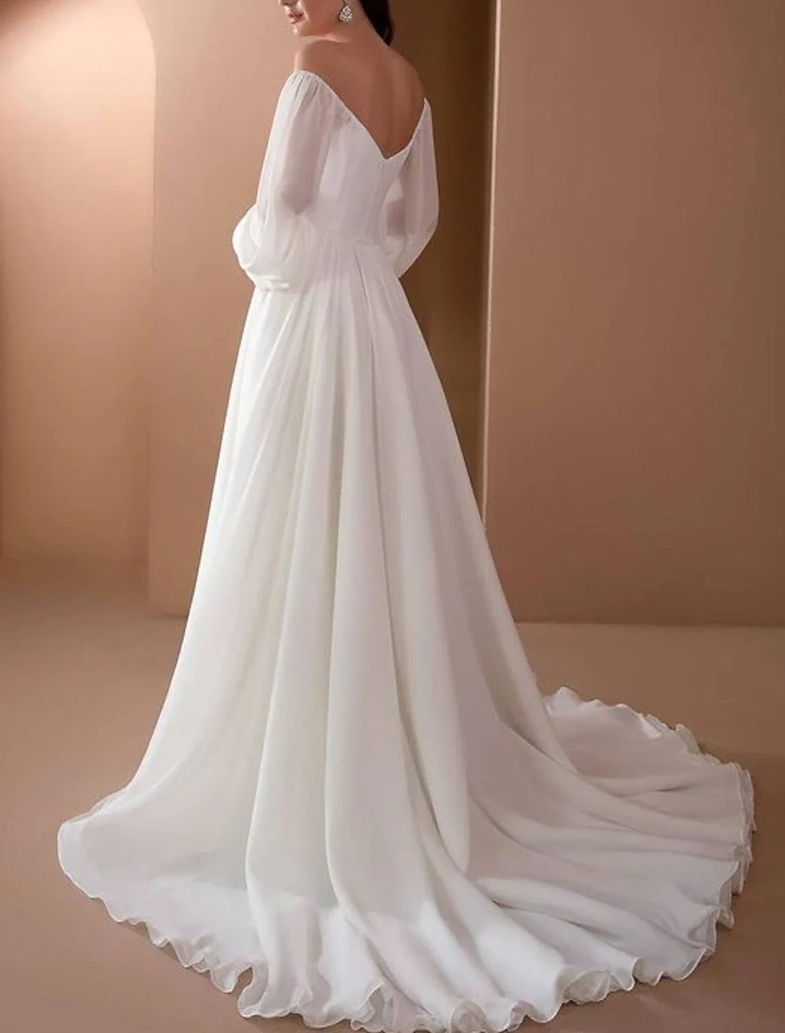 A-Line Off-Shoulder Chiffon Long Sleeve Pleated Wedding Gown - Chloe Dress