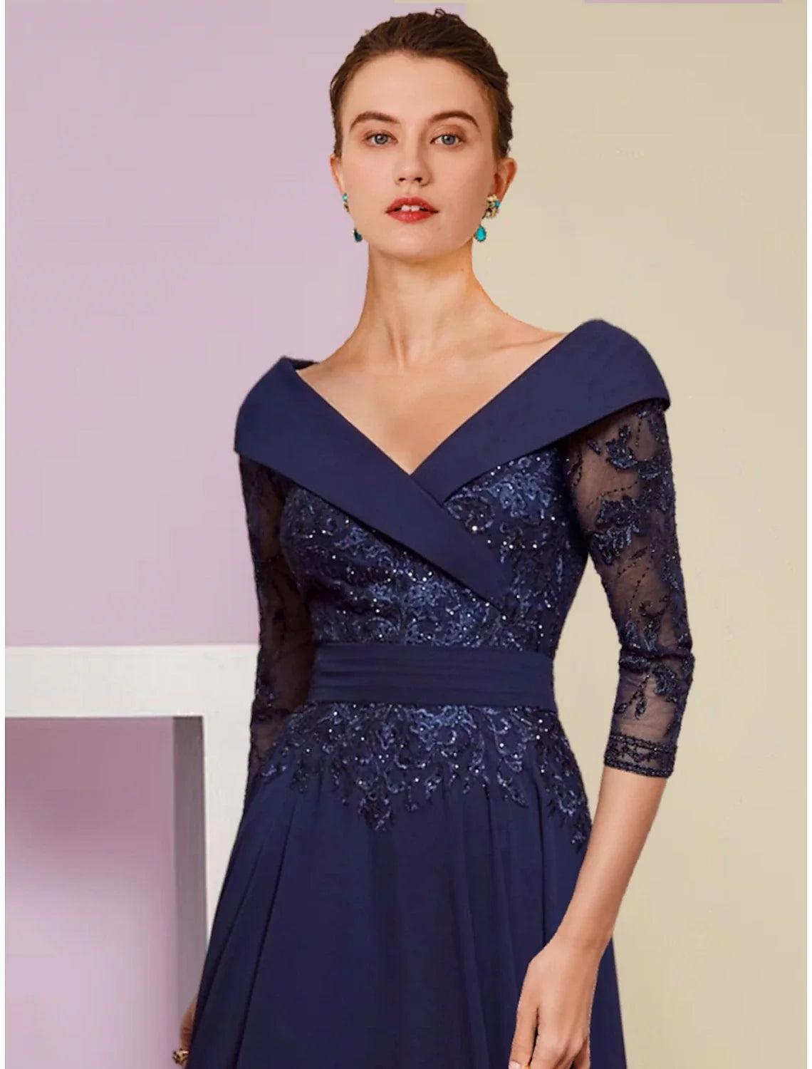 A-Line V-Neck Chiffon Three-Quarter Sleeve Pleated Ankle-Length Wedding Dress - Chloe Dress