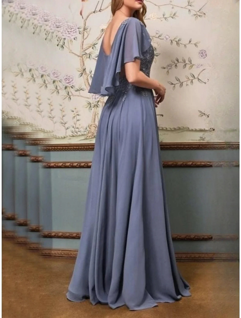 Sheath Chiffon Short Sleeve Ruffled Floor-Length Wedding Dress - Chloe Dress