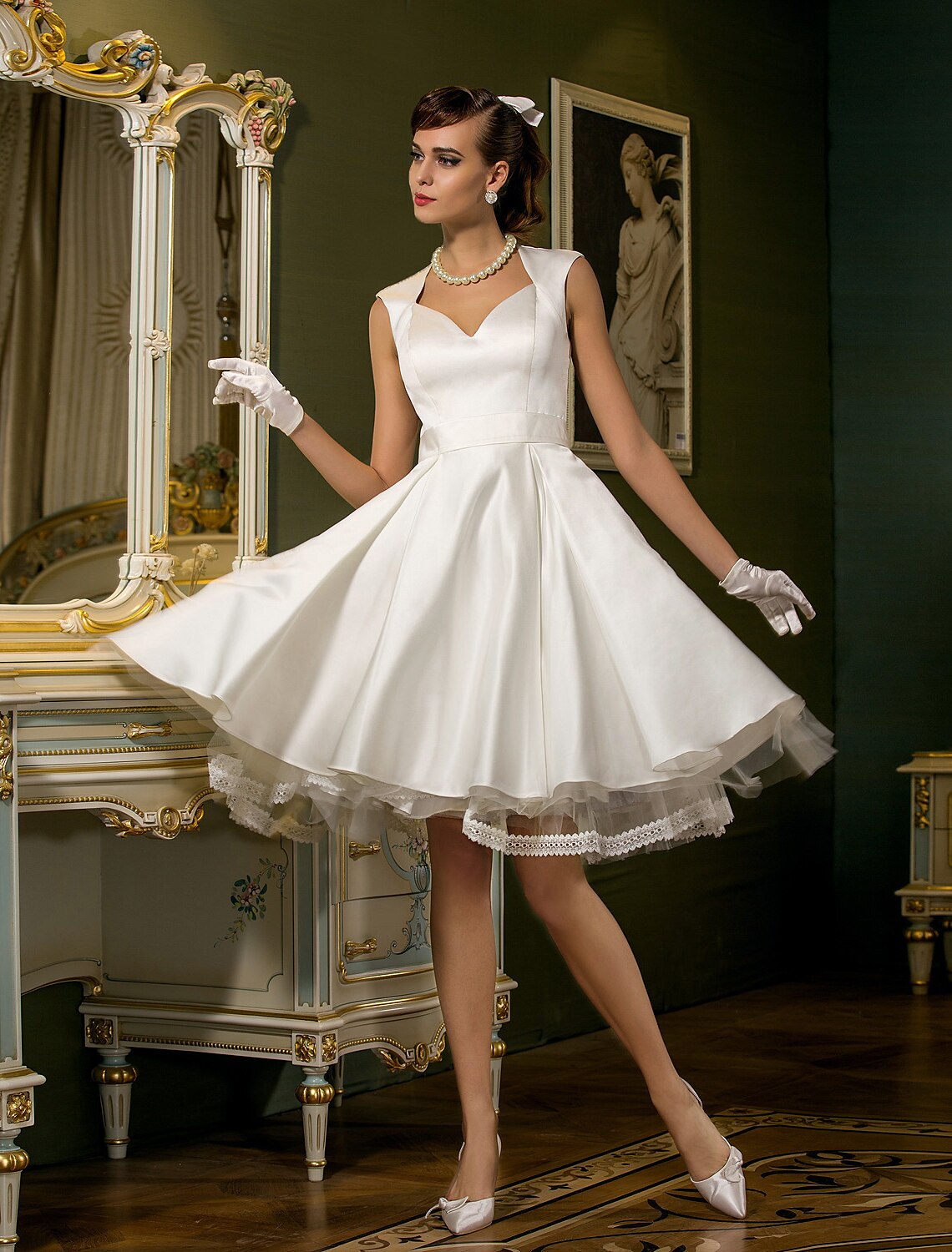 White A-Line Sweetheart Satin Cap Sleeve Button Back Knee-Length Wedding Gown - Chloe Dress