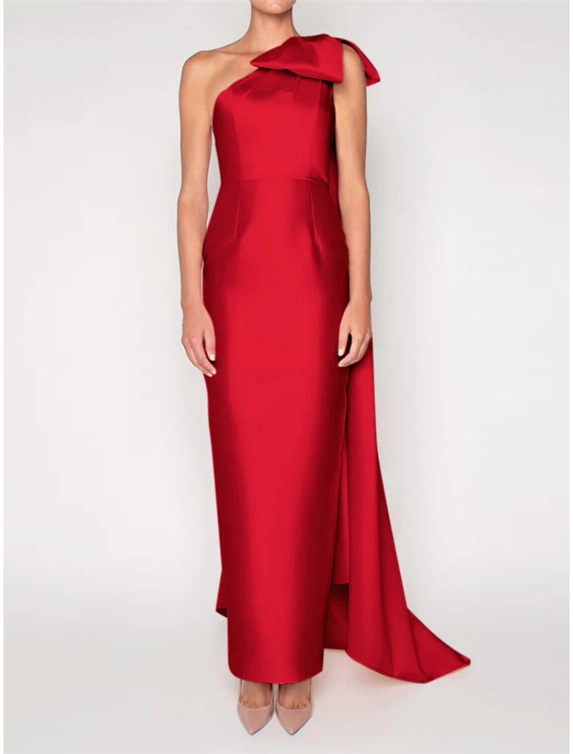 Green Sheath One-Shoulder Satin Sleeveless Train Evening Gown - Chloe Dress