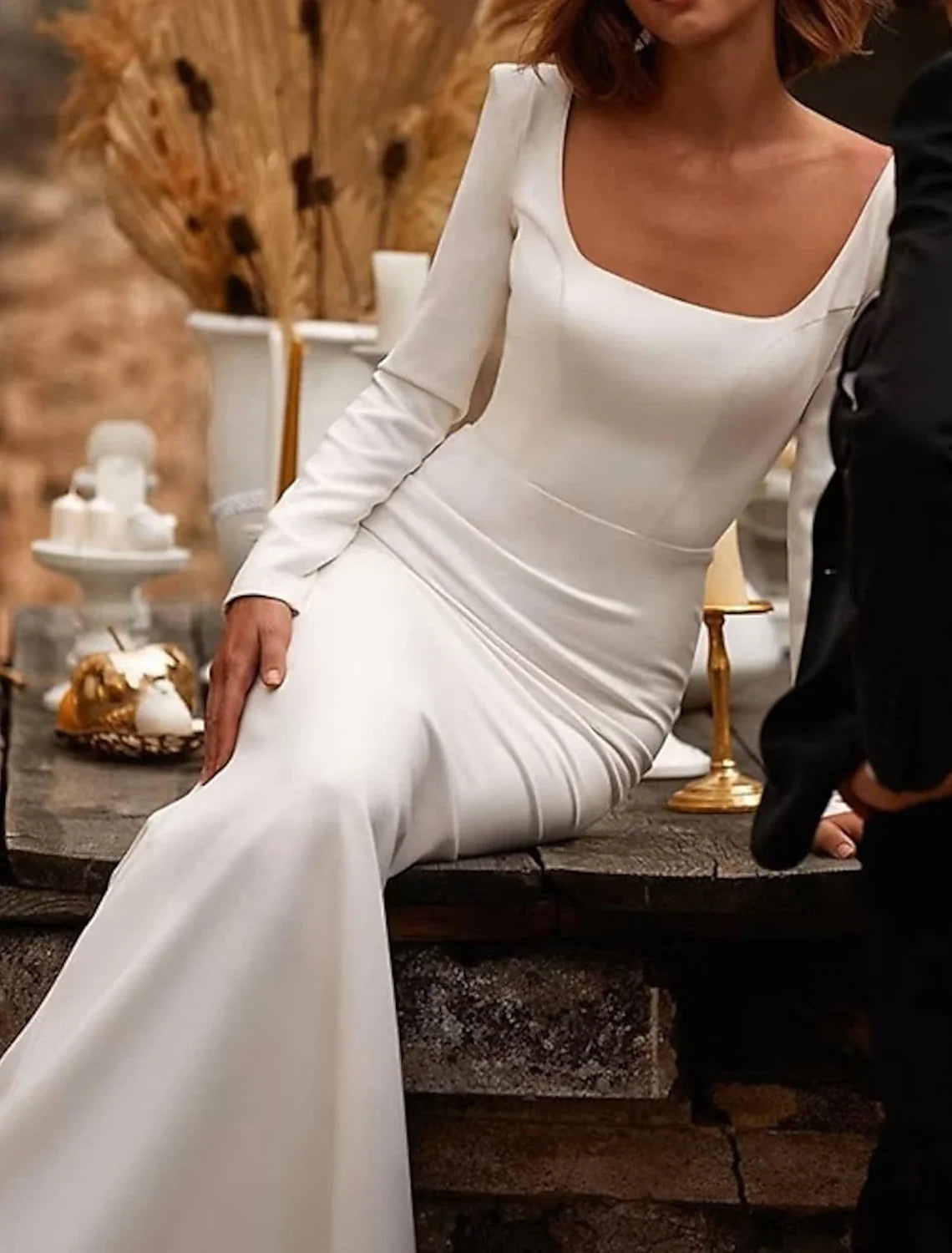 Mermaid Square Neck Satin Long Sleeve Open Back Train Wedding Gown - Chloe Dress
