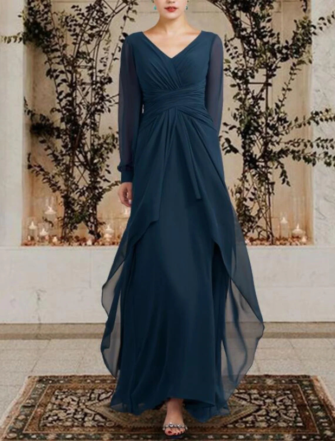 A-Line V-Neck Chiffon Long Sleeve Ruffled Floor-Length Wedding Dress - Chloe Dress