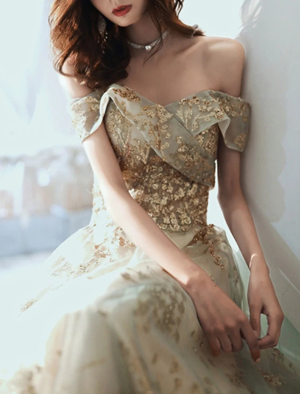 A-Line Off-Shoulder Tulle Short Sleeve Floor-Length Evening Gown - Chloe Dress