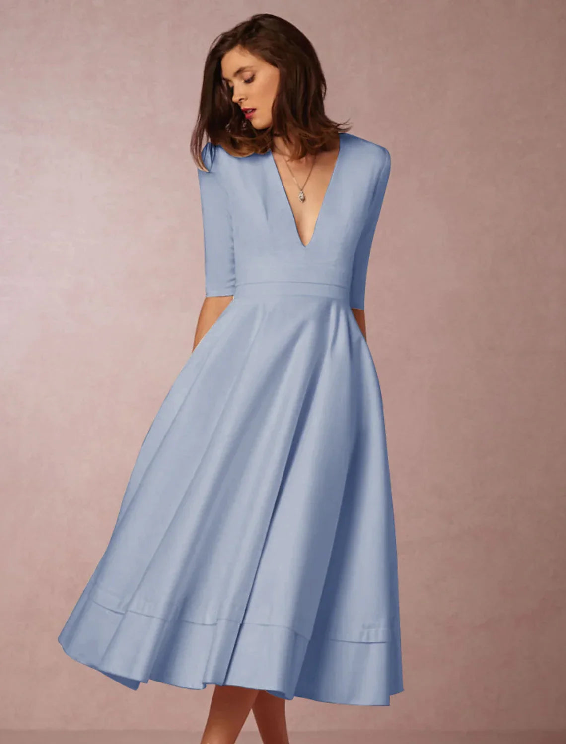 White A-Line V-Neck Jersey Pleated Tea-Length Wedding Dress - Chloe Dress