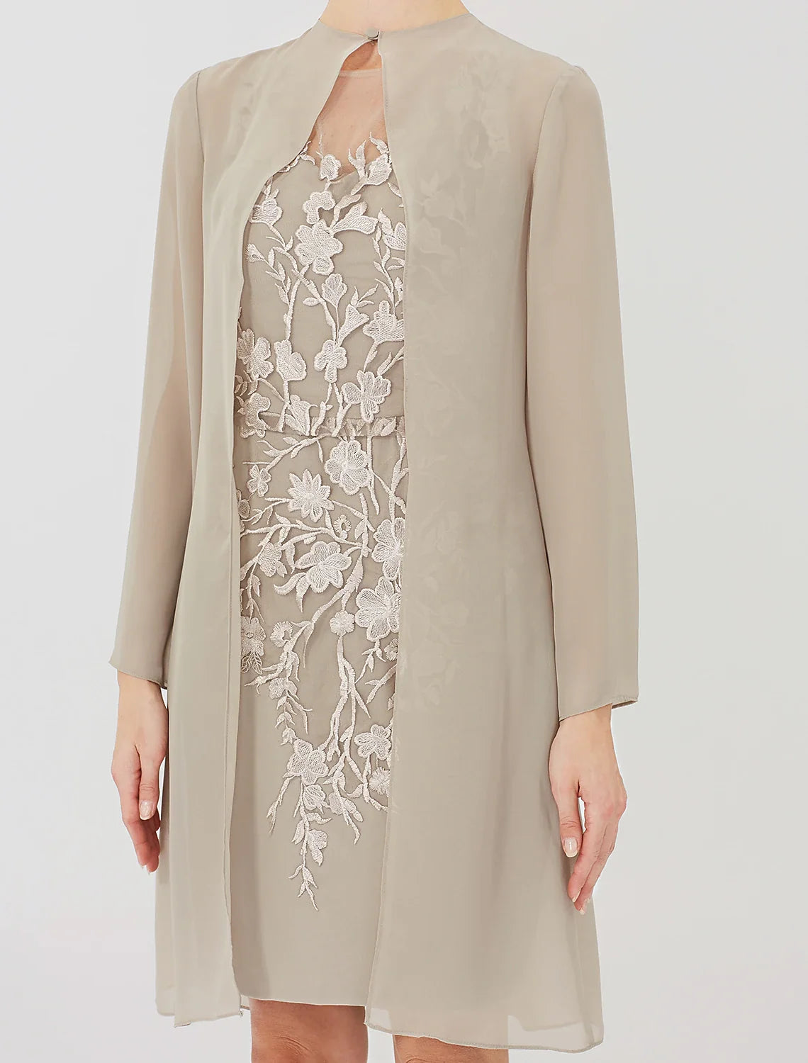 Sheath Illusion Chiffon Long Sleeve Applique Knee-Length Formal Dress - Chloe Dress