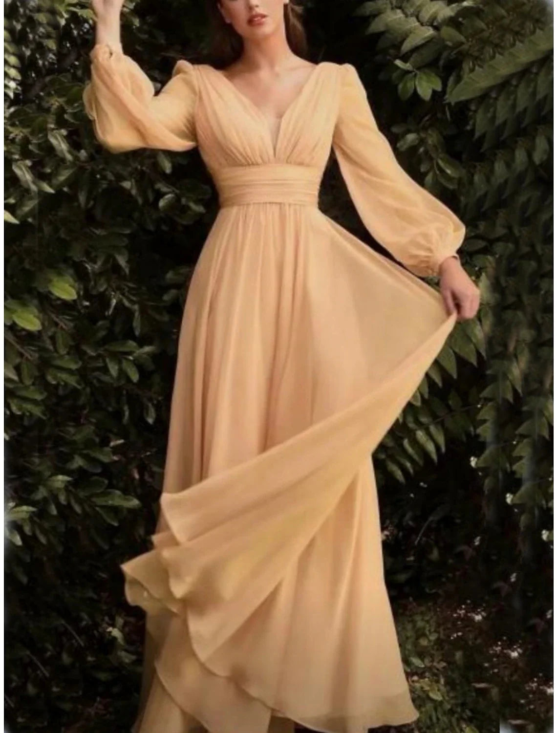 Sheath V-Neck Chiffon Long Sleeve High Slit Floor-Length Wedding Dress - Chloe Dress