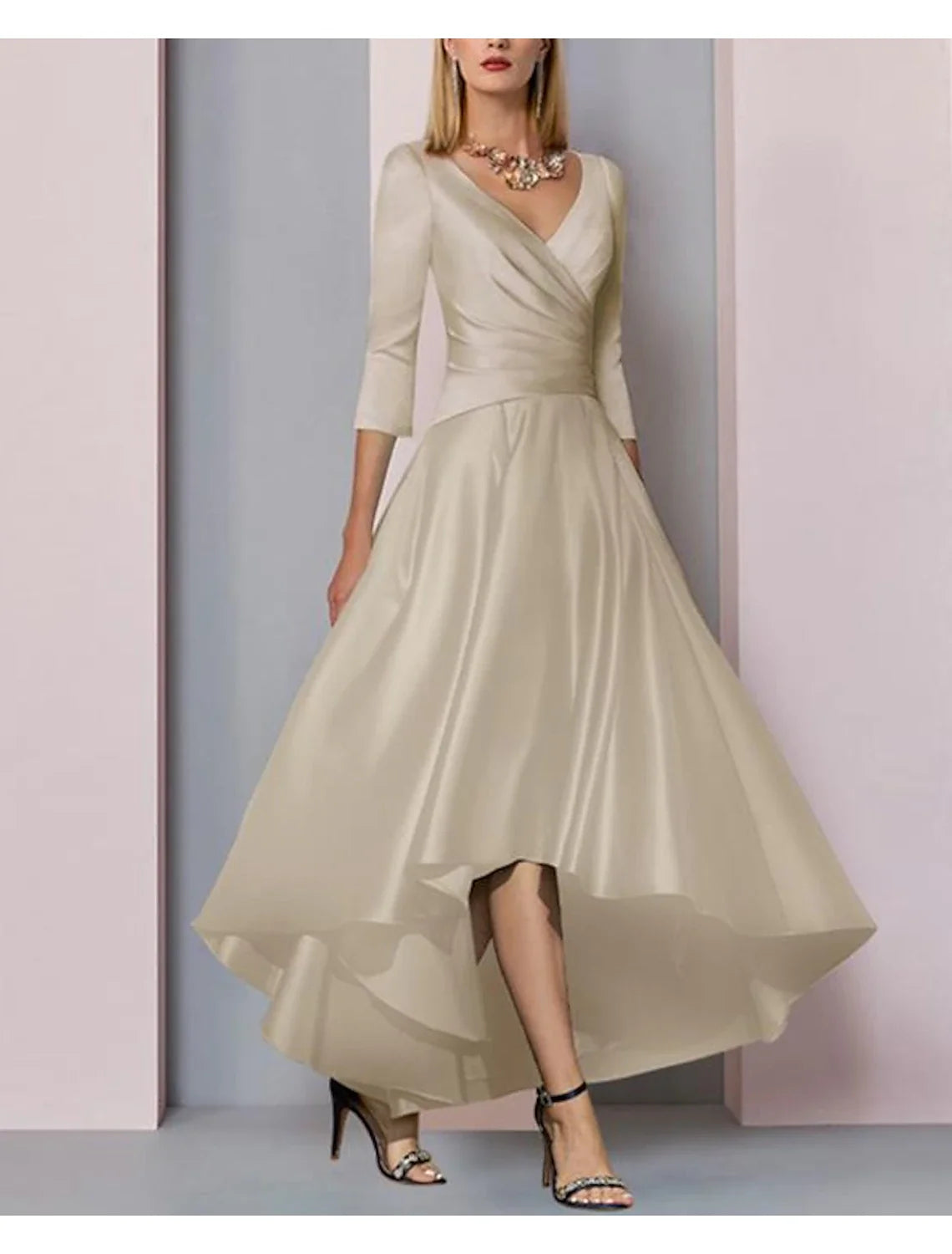 A-Line V-Neck Satin Pleated Ankle-Length Wedding Dress - Chloe Dress